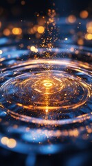 Poster - Golden sparks emanate from water surface with vibrant reflections in dark background at night