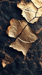 Poster - Golden leaf fragments resting on cracked dark surface with intricate textures displayed in natural light