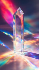 Poster - Translucent crystal prism refracting colorful light patterns on a flat surface
