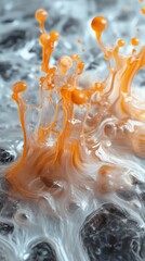 Fototapete - Vibrant orange splashes blend with swirling water creating dynamic patterns in a close-up view