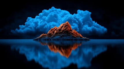 Mountain Serenity: An ethereal mountain peak, bathed in a celestial blue hue, emerges from a vast, tranquil sea. The dramatic.