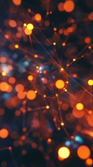 Poster - Vivid representation of interconnected spheres and glowing particles in a dark environment