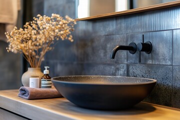 A modern Modern farmhouse interior design style bathroom sink area featuring a sleek black bowl sink, a stylish black faucet, and a wooden countertop. 