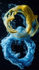 Poster - Colorful swirls of blue and yellow paint mix creatively in water creating an abstract artwork
