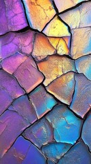 Poster - Iridescent cracks in a colorful surface reflecting vibrant purple, blue, and gold hues in natural light
