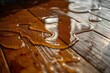 © Yuliia - close-up shot of water spilled onto a hardwood floor, showcasing the damage and need for repair.