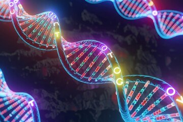 Poster - Glowing DNA double helix structure; a vibrant illustration of genetic code and heredity.