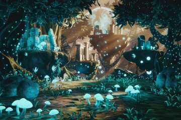 Poster - Enchanted forest with glowing mushrooms, ancient ruins, and a mystical moon.