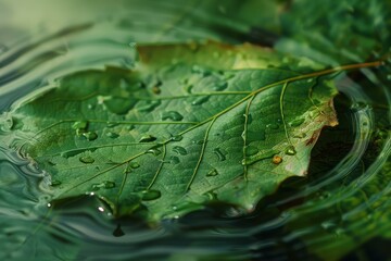 Poster - Vibrant green leaf with glistening rain drops rests on the surface of water, creating mesmerizing concentric ripples