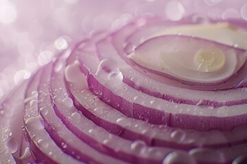 Poster - freshly sliced red onion glistening with water droplets, forming beautiful concentric circles