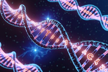 Poster - Glowing DNA double helix strands with nucleotide bases, A, T, C, and G, illustrating genetic code.