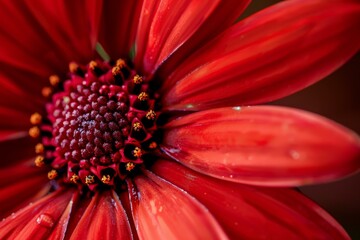 Poster - Close up macro photograph of a red daisy blooming, revealing vibrant petals and a contrasting dark pistil