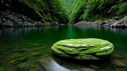 Wall Mural - Emerald River Gorge: Serene and tranquil scene of a crystal-clear river flowing through a lush green gorge.  A moss-covered rock sits serenely in the middle.