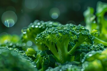 Poster - Close up of broccoli plant growing, covered with glistening water droplets, showcasing freshness and vibrant green color