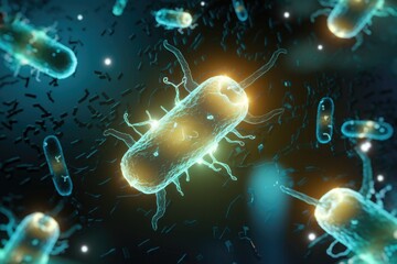 Poster - Microscopic view of rod-shaped bacteria, illustrating their structure and distribution in a complex environment.