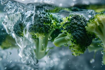 Poster - Broccoli florets being washed underwater, creating a cascade of bubbles and a refreshing scene