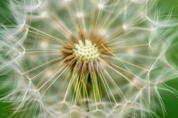 Poster - Close up of dandelion flower showing seeds spreading in nature with blurred green background
