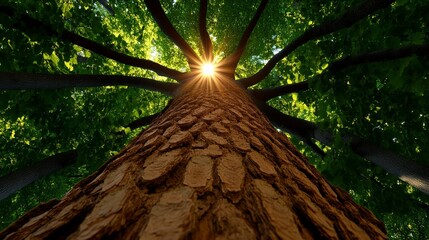 Wall Mural - Sunburst Through Canopy: Looking up towards the sun shining through the leaves of a large tree, its trunk dominating the frame, creating a striking image of nature's power and serenity. 