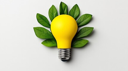 Wall Mural - Green Energy Idea: A yellow lightbulb nestled amongst vibrant green leaves, symbolizing eco-friendly energy and innovative solutions for a sustainable future.