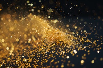 Poster - Golden glitter dust is dynamically scattered on a dark background, creating a magical bokeh effect