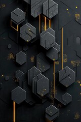 Poster - abstract dark wallpaper with geometric gray hexagons and glowing yellow accents