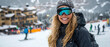 © Inai - Close up of smiling female skier in professional gear, reflective goggles in snowy mountains. Bright winter landscape, blue sky. Vacation, adventure,outdoor sports leisure.Snowboarding. Generative ai