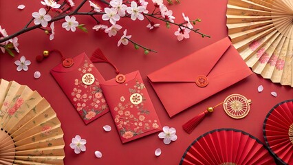 A festive flat lay featuring red envelopes, cherry blossoms, paper fans, and traditional elements on a red background. A symbolic scene representing Chinese New Year, prosperity, and cultural heritage