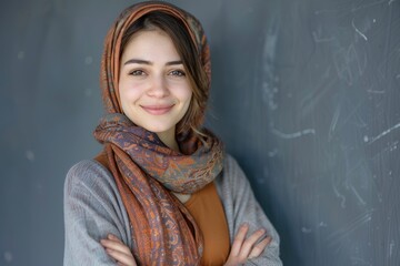 Wall Mural - Confident young Middle Eastern woman smiling with crossed arms.