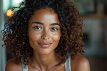 Wall Mural - Creative multiethnic woman with curly hair smiles joyfully  thinking about future.