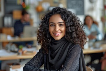 Poster - Beautiful Middle Eastern manager in creative office with colleagues working.
