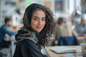 Poster - Beautiful Middle Eastern manager in creative office with colleagues working.