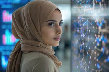 Poster - Middle Eastern software engineer analyzing neural network data on screen.