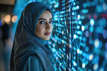 Poster - Middle Eastern software engineer analyzing neural network data on screen.