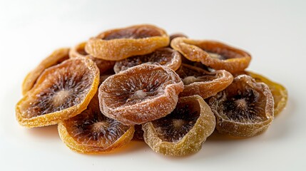 Wall Mural - A pile of dried kiwi slices on a white background, with excellent resolution