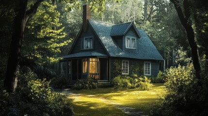 Poster - Secluded Forest Cottage Illuminated By Warm Evening Light