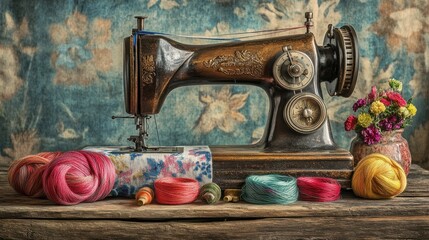 Poster - Antique Sewing Machine With Yarn And Flowers