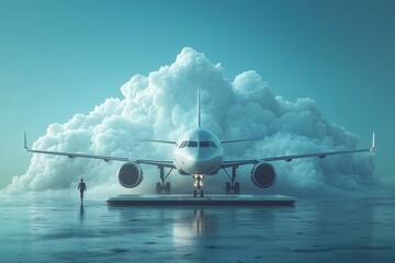 Poster - Futuristic hologram airplane emerging from laptop with walking figure
