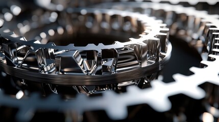 Poster - Close-up of shiny metallic gears interlocking and rotating, highlighting their precise design and engineering. This captures the essence of machinery in action during a production process