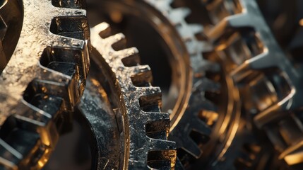 Poster - a detailed arrangement of metallic gears showcases their design and texture, with warm lighting crea