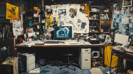 Aufkleber - Cluttered Artists Workroom Computer Desk And Supplies
