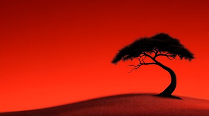 Wall Mural - Crimson Silhouette: A lone, stylized tree stands silhouetted against a vibrant crimson sky, creating a minimalist yet evocative image of solitude and resilience.  