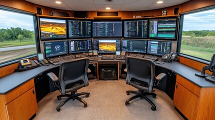Poster - Modern Control Room With Multiple Screens And Workstations