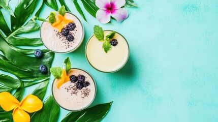 Poster - Tropical Fruit Smoothies Garnished With Berries And Mint