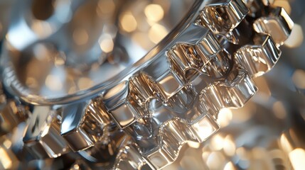 Poster - A detailed view of several metallic gears interlocked with one another, reflecting light and demonstrating the complex design of machinery, highlighting the beauty of engineering