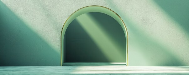 Poster - Elegant minimalist arch with golden metal edges on a soft green background