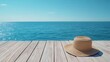 © Olena - A simple summer concept with a single straw hat resting on a sun-bleached wooden deck, with the bright blue sky and the ocean in the background.