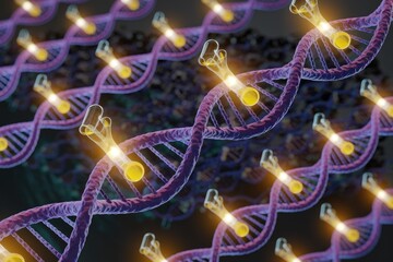 Poster - Microscopic view of DNA strands with glowing markers, illustrating genetic research and biotechnology.