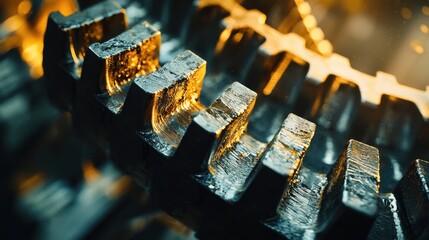 Poster - A detailed close-up reveals the surface of a metallic gear, highlighting its precise teeth and texture, illuminated by warm lighting, suggesting a mechanical environment