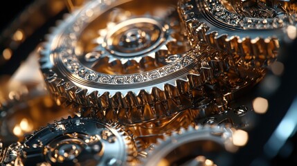 Poster - Intricate golden gears are engaged in motion, revealing their detailed craftsmanship. The setting highlights the complexity of mechanical engineering and precision design