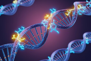 Poster - 3D rendering of DNA double helix with glowing molecules, illustrating genetic code and molecular interactions.
